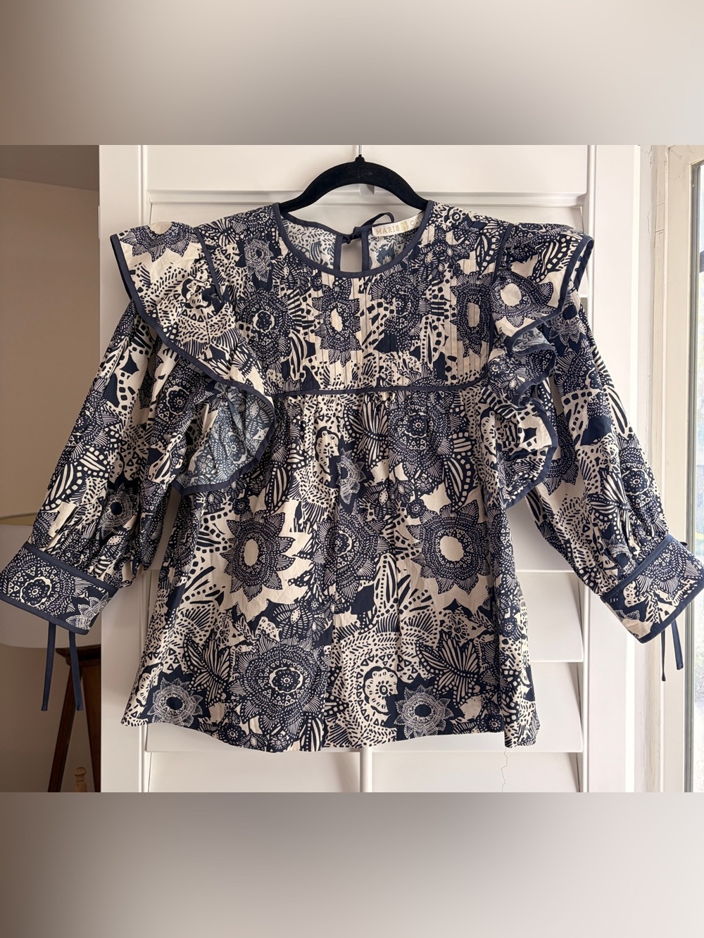 Marie Oliver Navy and White Floral Ruffle Top